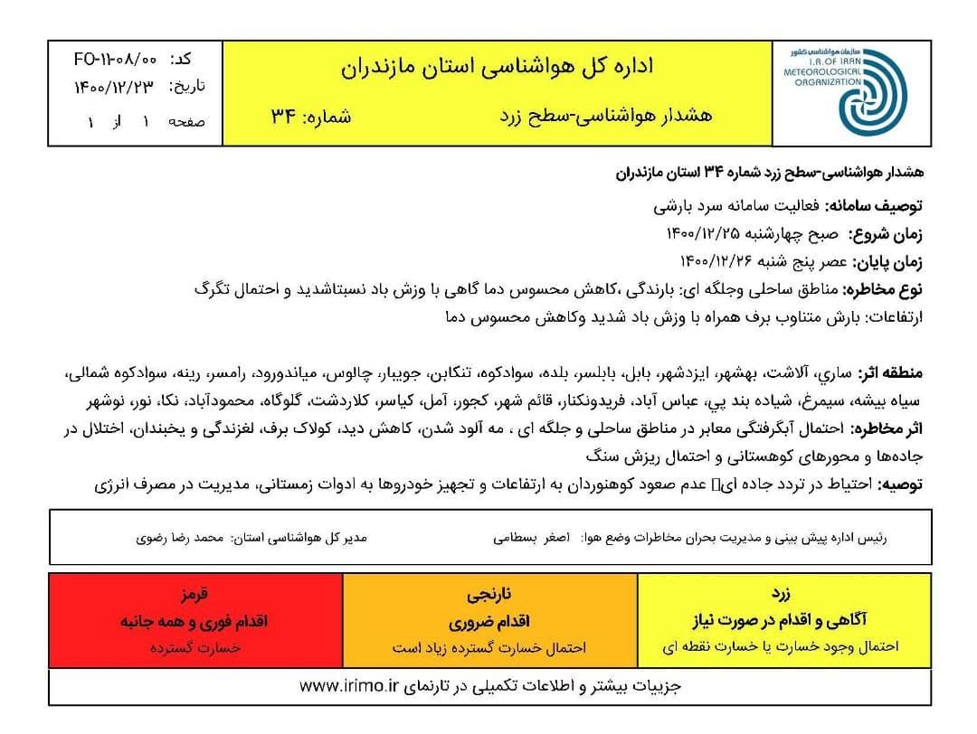 چهاردانگه ساری در وضعیت هشدار هواشناسی سطح زرد